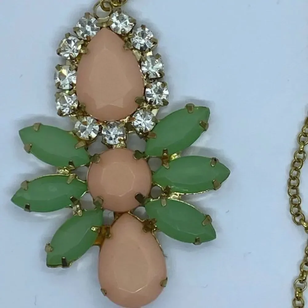 Gold-Tone Pink Green Gemstone Rhinestone Necklace